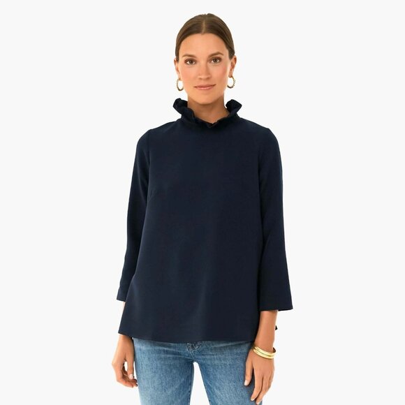 Tuckernuck Navy Blue Faye Blouse sz S Small Swing Top Ruffle Collar Bow Tie - Picture 7 of 7